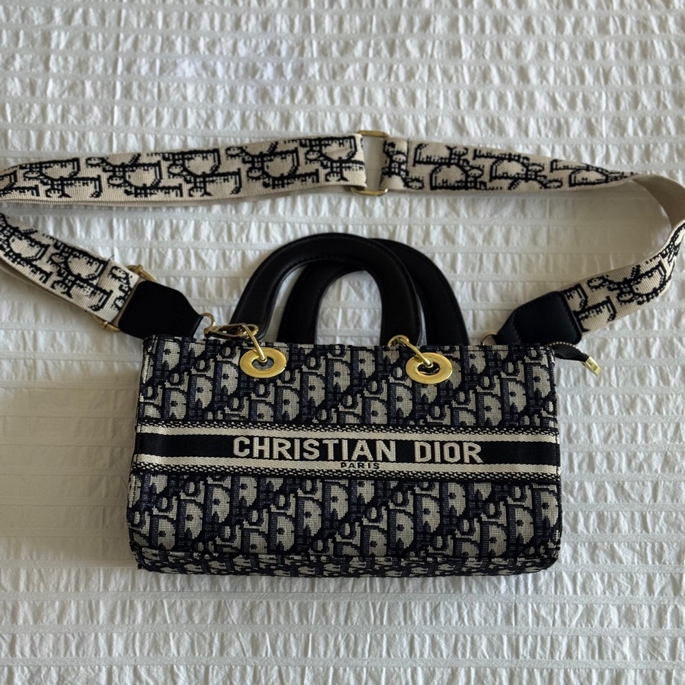 Dior Navy and White Oblique Mini Tote with Logo Strap